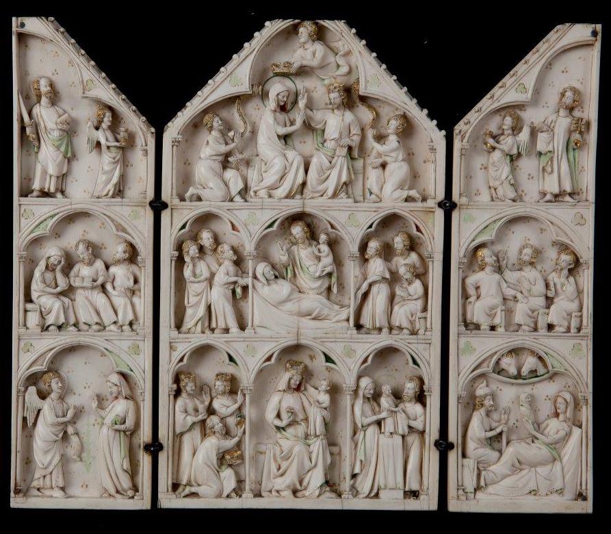 Triptych with Scenes from the Life and Death of the Virgin, c. 1325-50. Ivory. Founder’s Collection