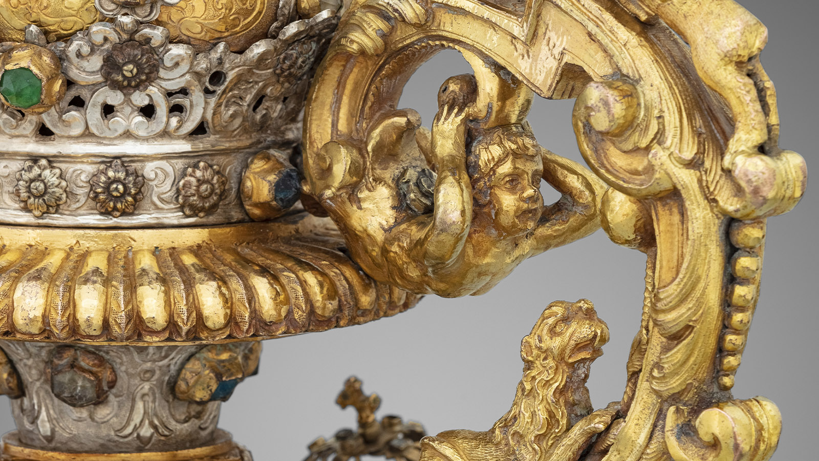 Set of six candlesticks and four altar bouquets [detail]. Pietro Juvarra (attrib.). Messina, Italy, 17th century. Silver, gilt copper and gemstones. Custody of the Holy Land, Jerusalem.