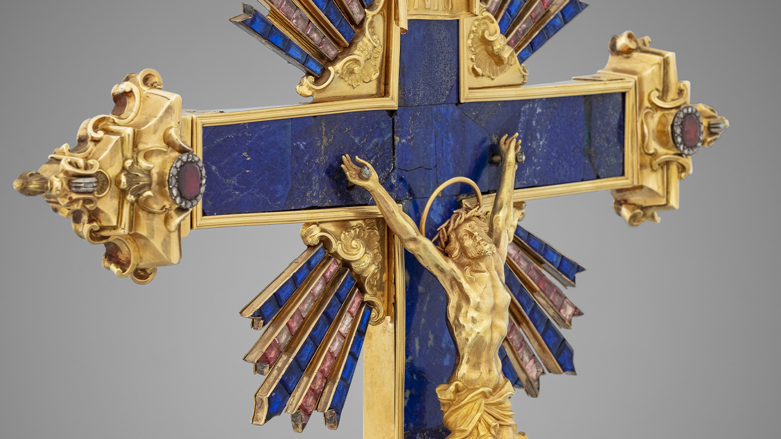 Crucifix [detail]. Naples, Italy, 1756. Gold, lapis lazuli and gemstones. Custody of the Holy Land, Jerusalem.