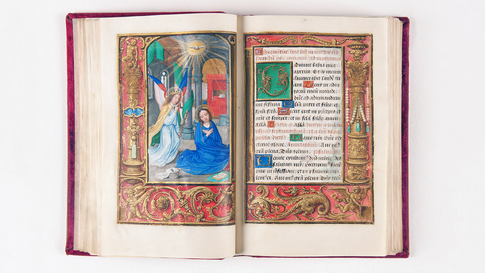 Book of Hours (The Holford Hours). Paintings by the Master of James IV of and assistant, and Simon Bening. Flanders (Bruges or Ghent), 1526. Manuscript on parchment. Fol. 15v – Patron kneeling at the altar. Fol. 24v – Annunciation. Calouste Gulbenkian Museum