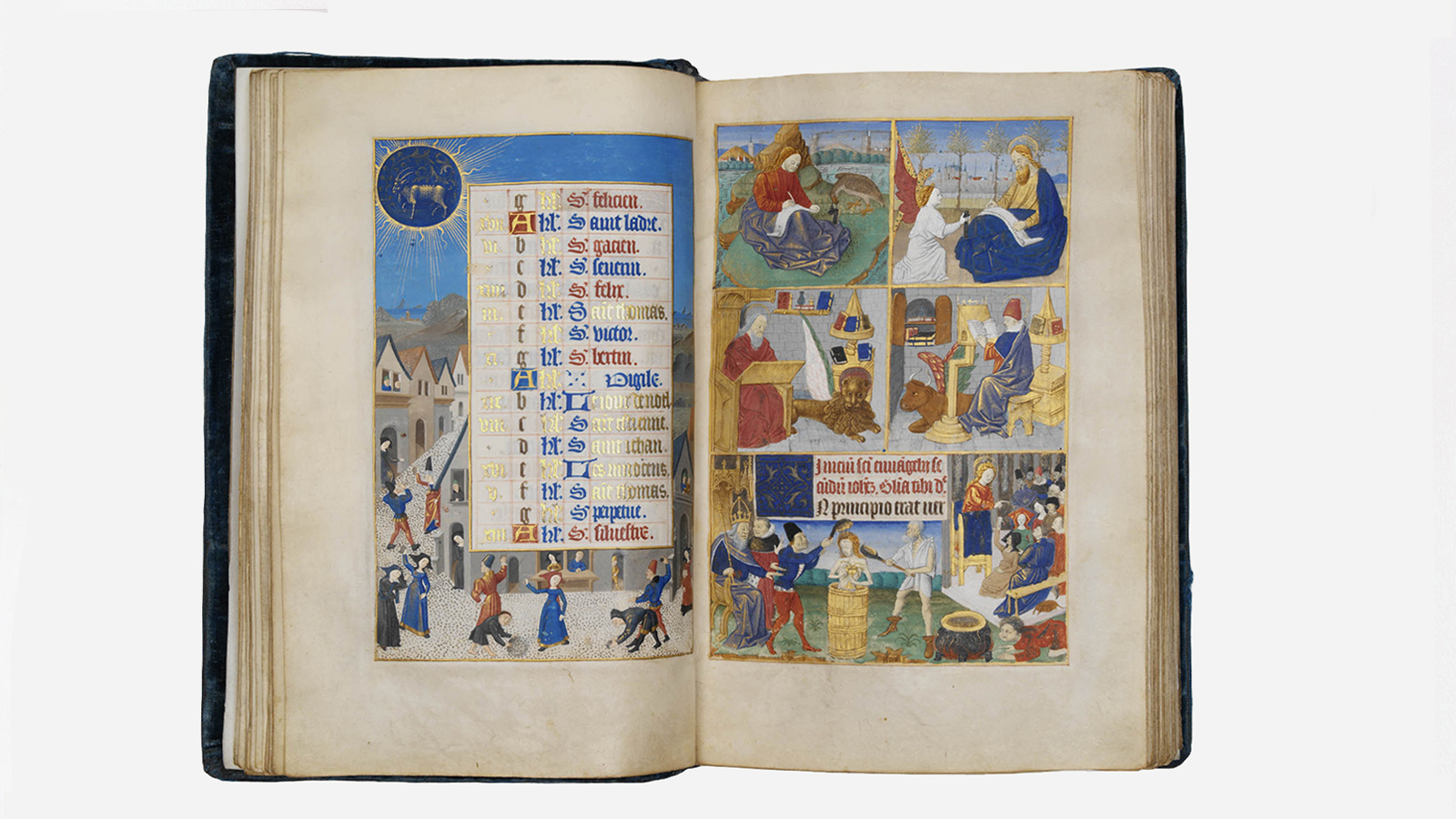 Book of Hours. Paintings by two followers of the Master of Adelaide of Savoy, by an illuminator of the circle of the Master of Jouvenel and by an artist from Tours in the style of Jean Fouquet. France (Poitiers and/or Tours ?), c. 1460–70. Manuscript on parchment. Fol. 12v – Winter games in the snow (border); fol. 13r – Four evangelists (upper section); sermon and martyrdom of St John the Evangelist (lower section). Calouste Gulbenkian Museum