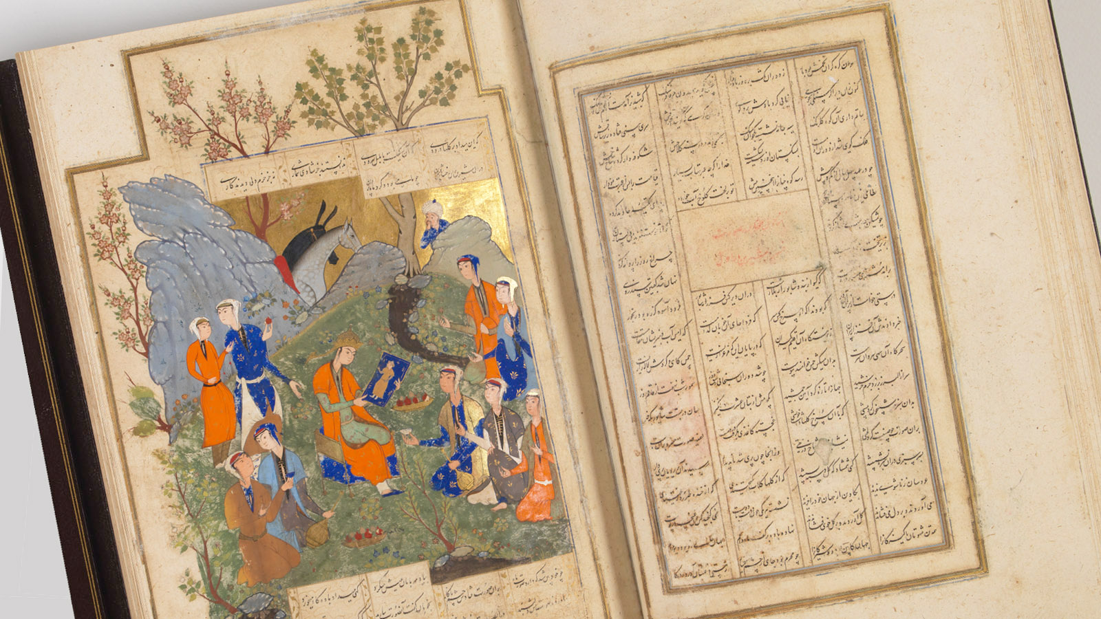 ‘Khamsa’ (Five Poems) by Nizami. Iran, Shiraz, c. 1591. Opaque watercolour, ink and gold on paper, fols. 42v-43r. Calouste Gulbenkian Museum