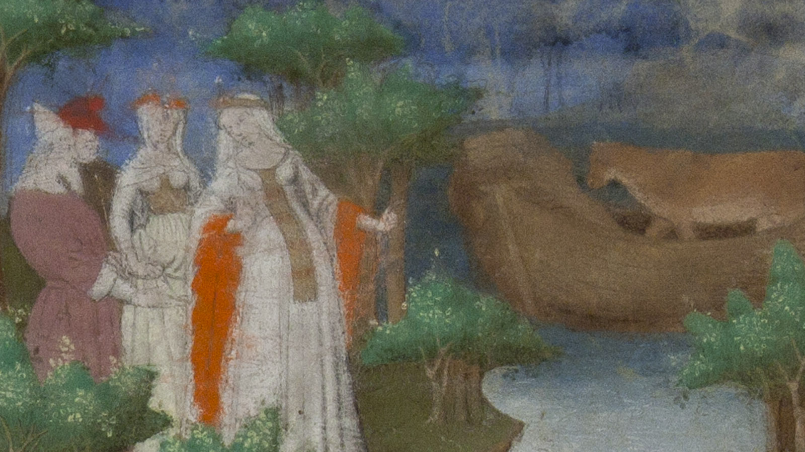 Giovanni Boccaccio, Des clères et nobles femmes, illumination depicting Isis, Queen of Egypt, and Juno pointing out the boat with Io transformed into a cow, painted by the Boucicaut Master, Paris, c. 1410-15. Calouste Gulbenkian Museum.