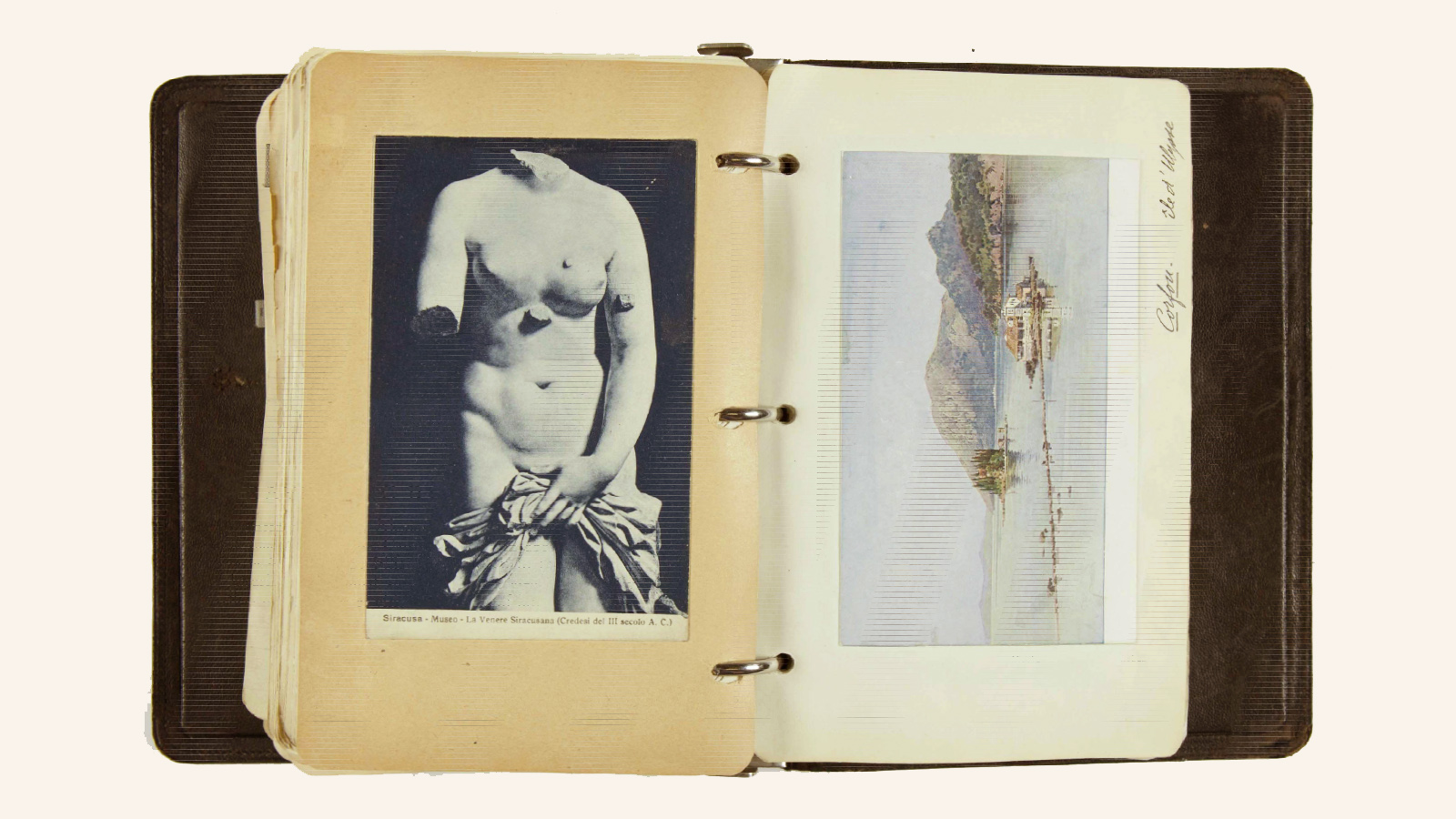 Postcards from the Museo Archeologico Regionale Paolo Orsi Siracusa («La Venere Landolina»); and Corfu. Travel diary of Calouste Gulbenkian, 1930.