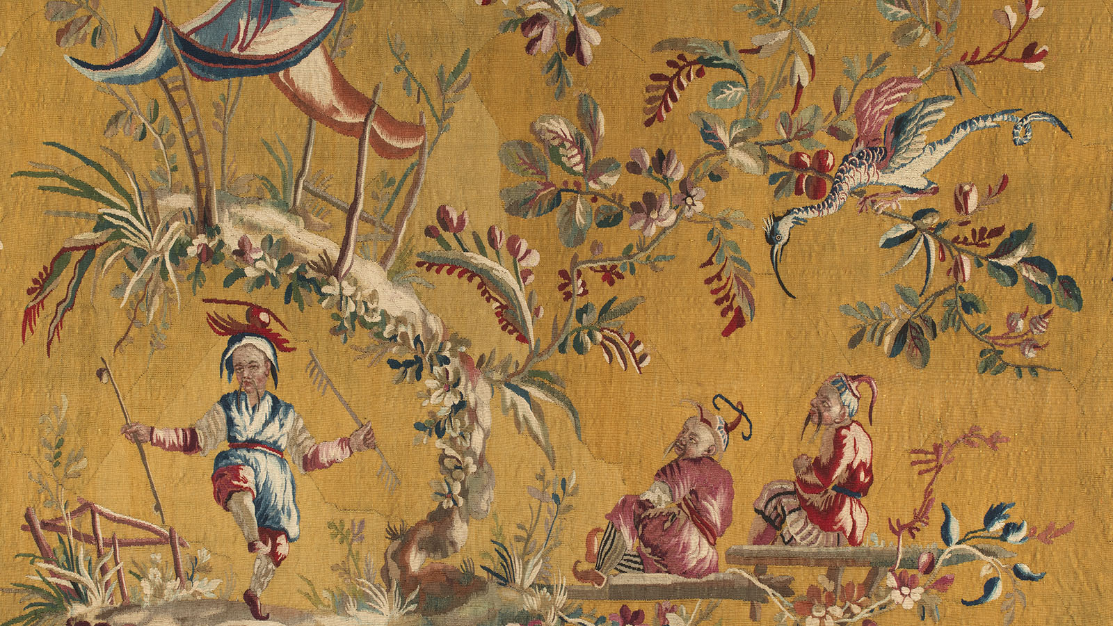 «The Dancer». Aubusson manufacture based on designs by Jean Pillement, France, 18th century. Wool and silk. One of the seven tapestries from the «Chinoiserie» series that decorated the «boudoir». Calouste Gulbenkian Museum.