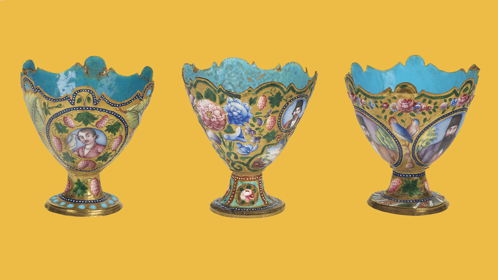 Three «zarfs», coffee cup holders. Iran, Qajar period, 19th century. Metal and enamel. Of Armenian origin, Nevarte maintained connections with different cultures, including Persian, reflecting a long shared regional history. Calouste Gulbenkian Museum.