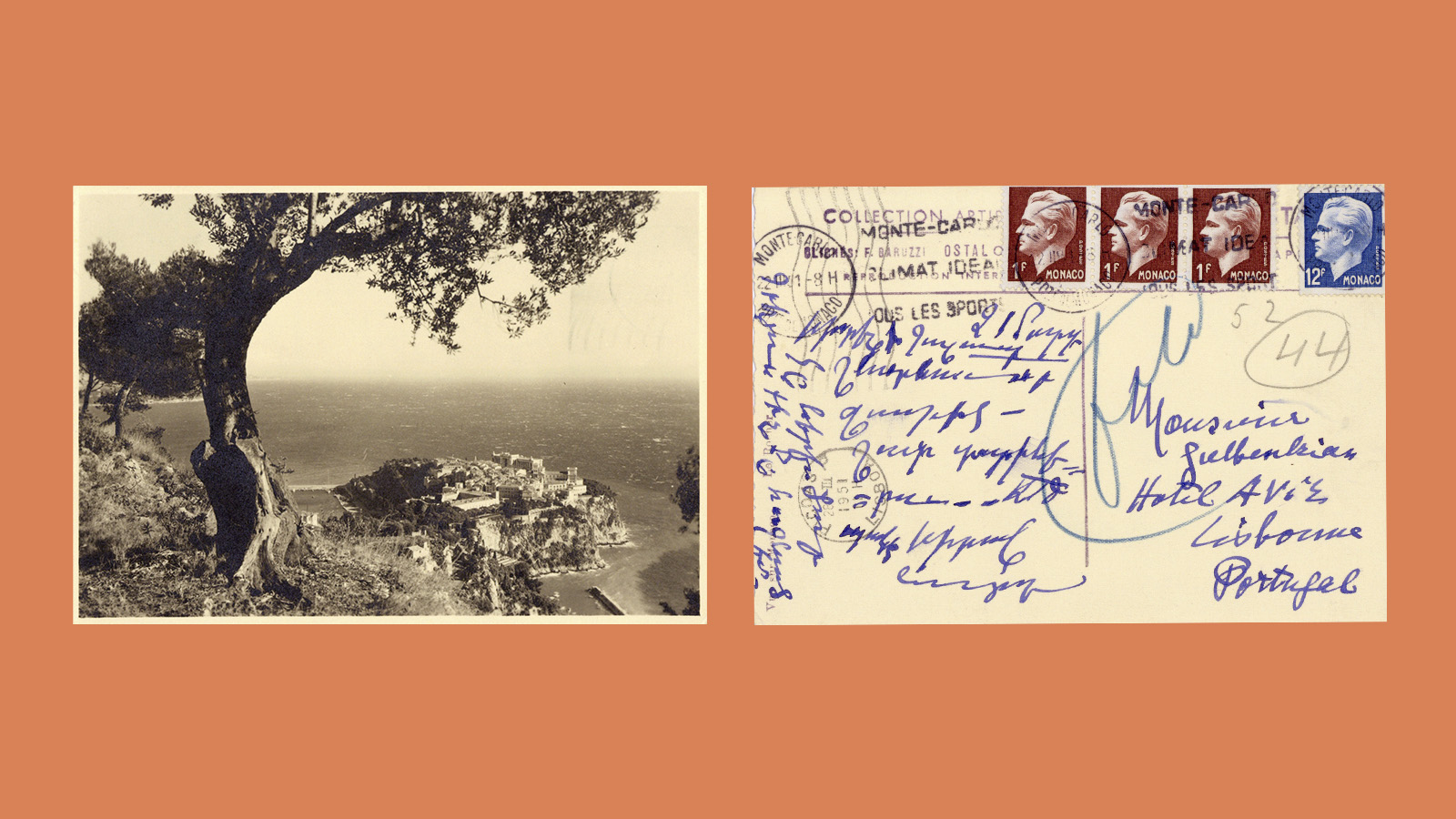 Postcard with a view of the Rock of Monaco, sent by Nevarte to Calouste Gulbenkian. Monaco, March 21, 1951. During the winter, Nevarte often sought refuge in the best seaside resorts and thermal baths in Europe. Gulbenkian Archives, PRS 03953.00001