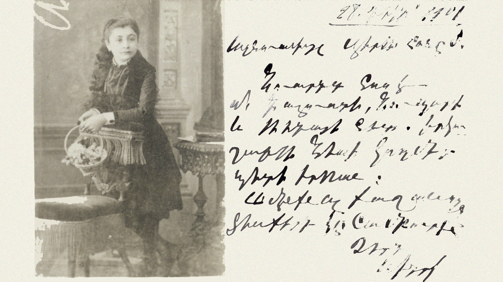 Card from Devgantz to Virginie Essayan, with a photograph of Nevarte as a child. December 28, 1901. In her youth, Nevarte took Armenian lessons with Setrak Devgantz, who was also the tutor of Calouste Gulbenkian. Gulbenkian Archives, PRS 00987.00001.