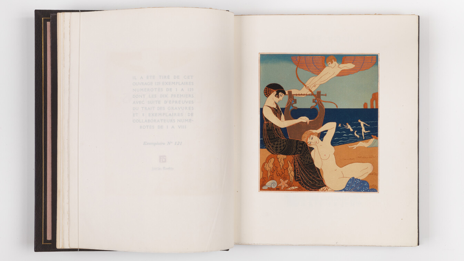 Pierre Louÿs, ‘Les Chansons de Bilitis’. Paris: Pierre Corrard, 1922. Colour woodcuts by François-Louis Schmied according to designs by George Barbier; binding by Georges Cretté in morocco leather, with lacquer plaques by Jean Dunand. Calouste Gulbenkian Museum