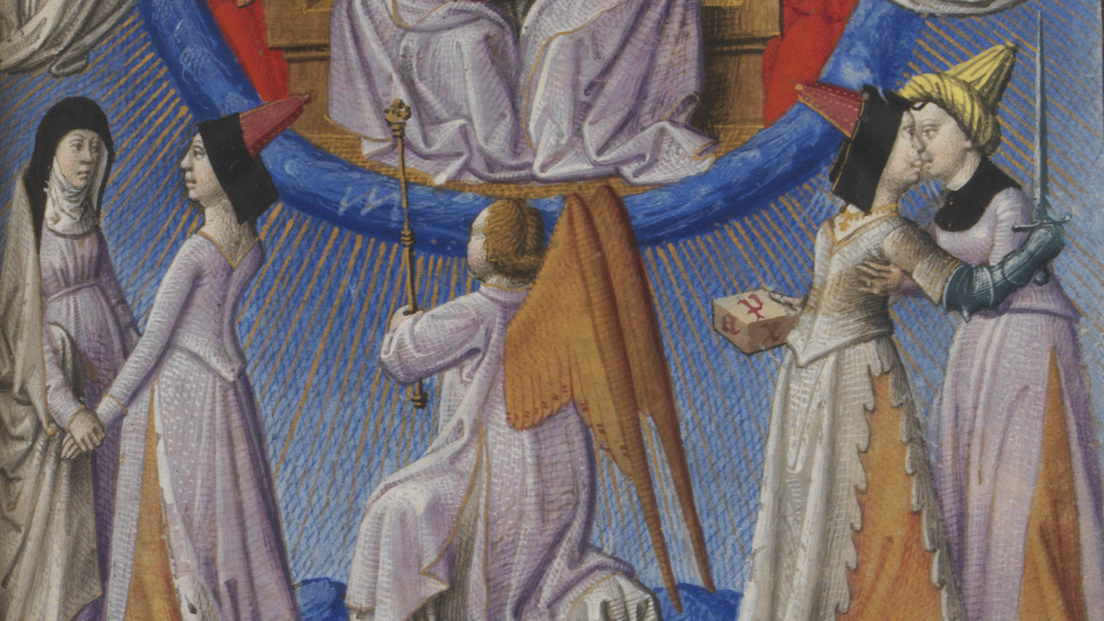 ‘Trial of Paradise’ and ‘Annunciation’, fol. 13r. Book of Hours of René II, Duke of Lorraine. Illuminator: Maître François. Calouste Gulbenkian Museum