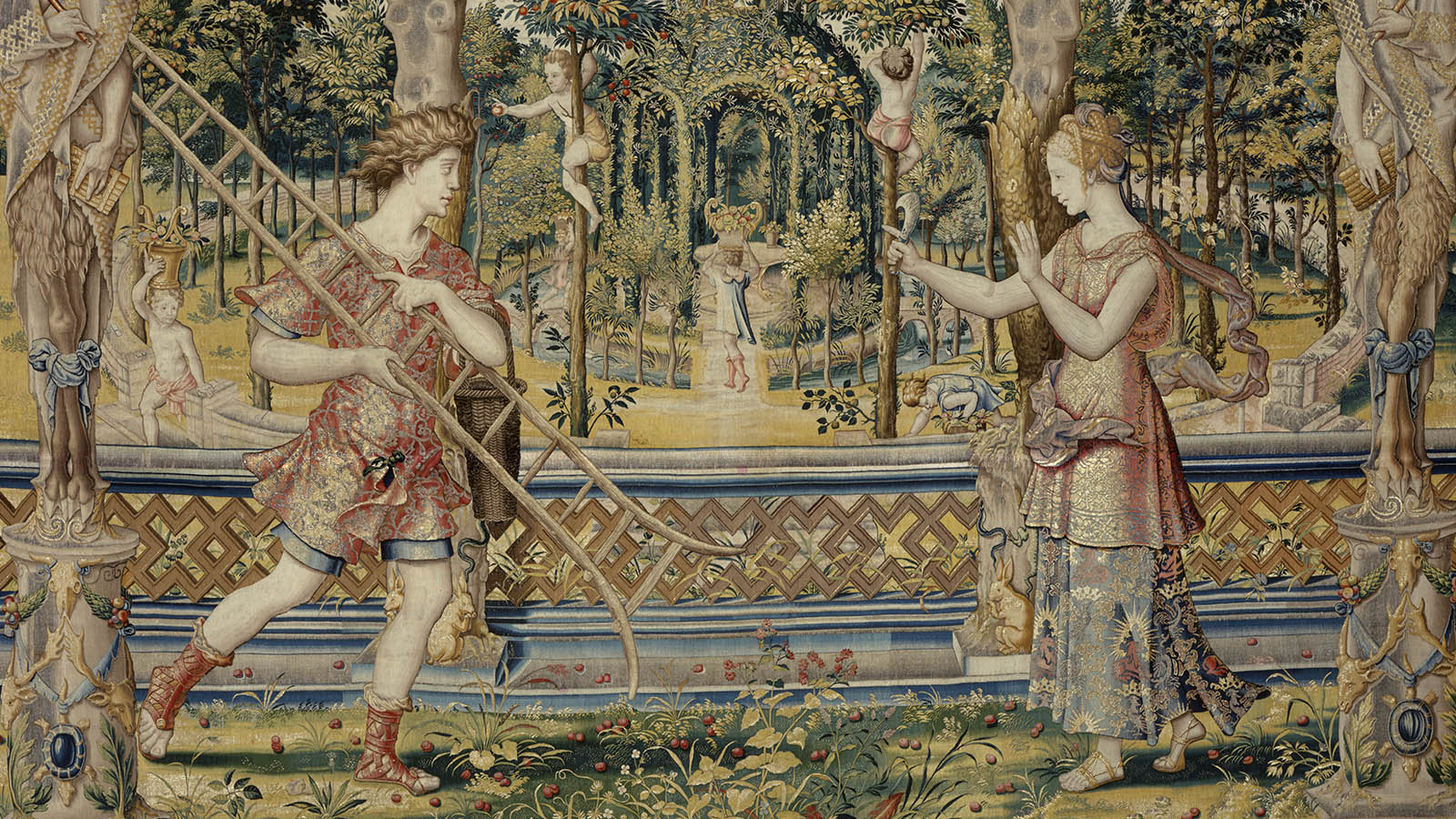 «Vertumnus and Pomona» tapestry, after designs attributed to Pieter Coecke van Aelst. Brussels, 1548–75. Wool, silk, gold and silver. Calouste Gulbenkian Museum
