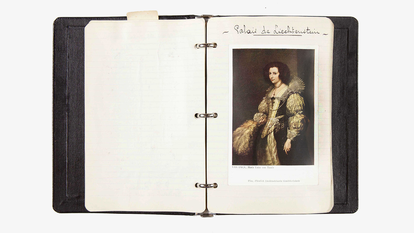 Travel diary page of Calouste Gulbenkian with the ‘Portrait of Marie de Tassis’ by Anthony Van Dyck. Calouste Gulbenkian's travel diary, 1933. Gulbenkian Archives.