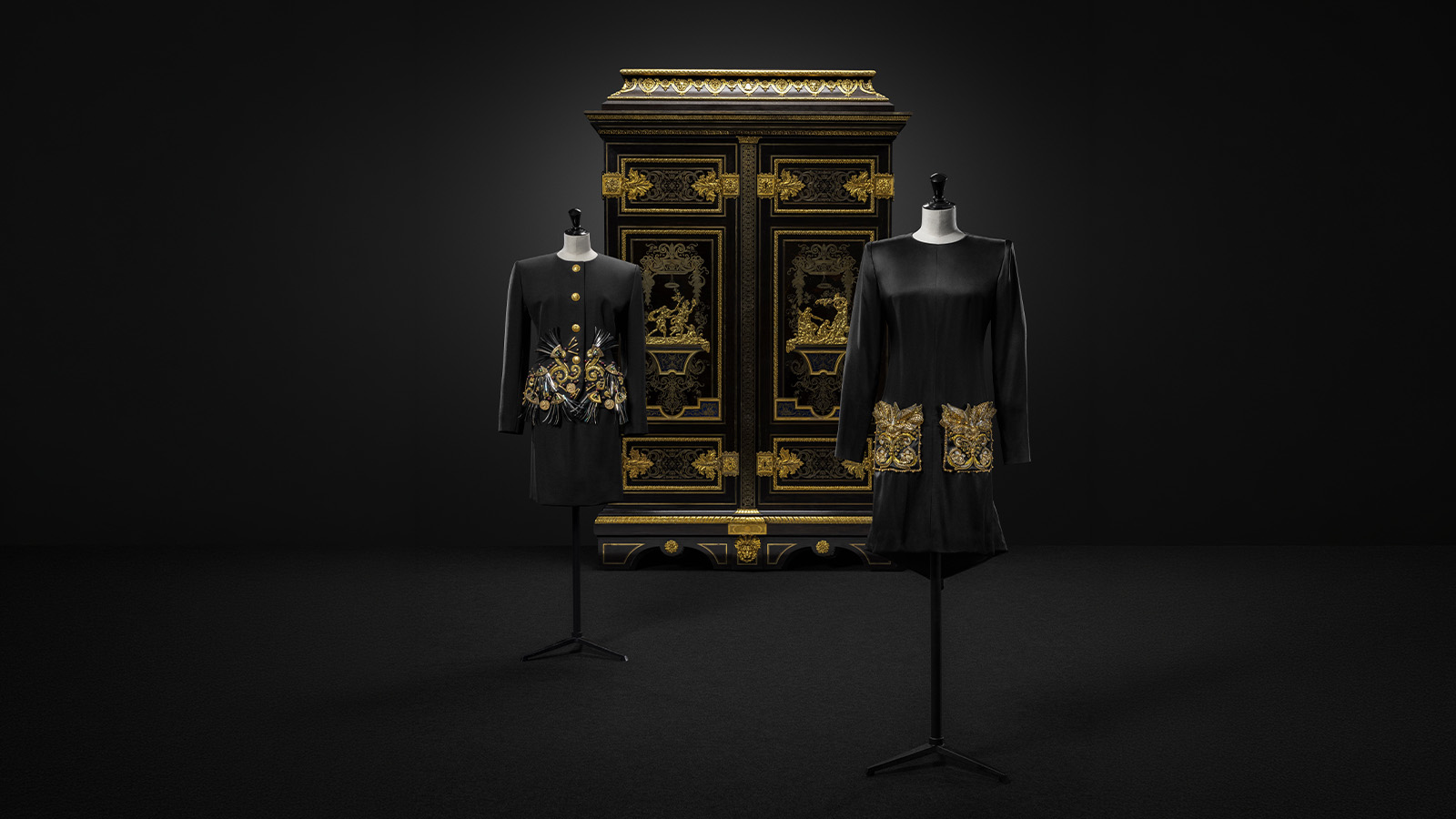 André-Charles Boulle (attributed) Wardrobe Paris, c. 1700 Oak and exotic woods, tortoiseshell, bronze, tin and brass CALOUSTE GULBENKIAN MUSEUM, INV. 324A Hubert de Givenchy Cocktail dress Haute couture Fall/Winter 1990 Satin, gold, golden metal, pearls, golden mesh and mother-of-pearl GIVENCHY Hubert de Givenchy Woman’s ensemble with coat and skirt Haute couture Fall/Winter 1990 Wool, golden laminette, metal and glass paste GIVENCHY Calouste Gulbenkian Foundation. Photo: © Jon Cazenave