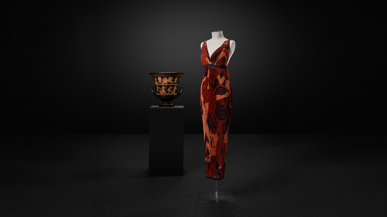 Red-figured calyx-krater Greece, Classical Period, c. 440 BCE Terracotta Calouste Gulbenkian Museum, inv. 682 Yves Saint Laurent Hercules dress Haute couture, Spring/Summer 1971 Printed and pleated silk MUDE, Lisbon MUDE/Coleção Francisco Capelo/MUDE.M.0655 Calouste Gulbenkian Foundation. Photo: © Jon Cazenave.