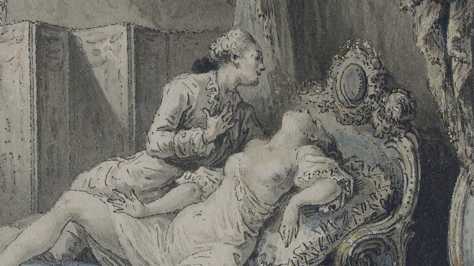 Antoine-Jean Duclos, ‘Gallant Scene. Delirium’ (detail). France, second half of the 18th century. Pen and Indian ink with wash on paper. Calouste Gulbenkian Museum, inv. 2226.