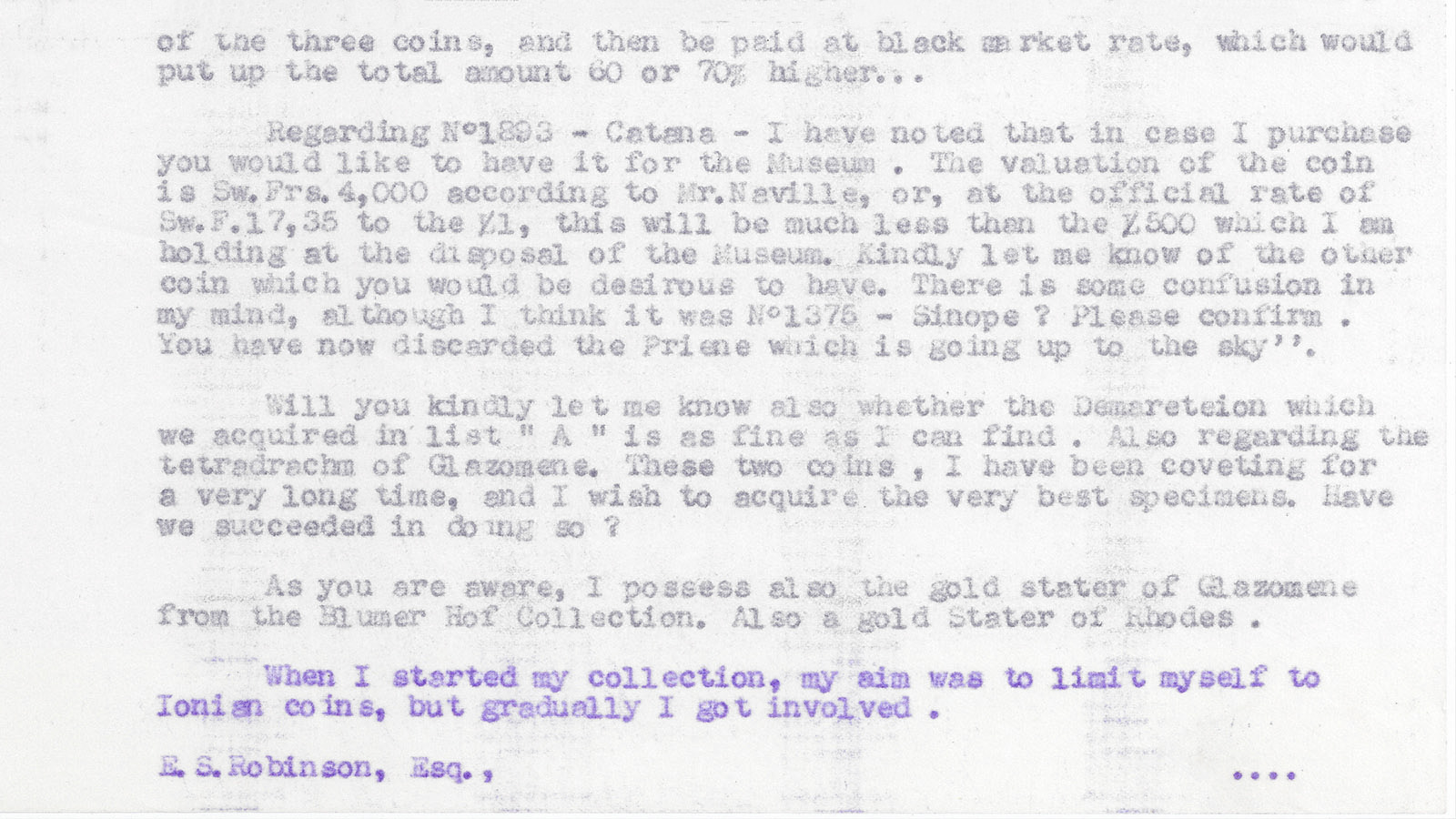 Letter from Calouste Gulbenkian to Dr. E. S. G. Robinson dated December 9, 1946 © Arquivos Gulbenkian