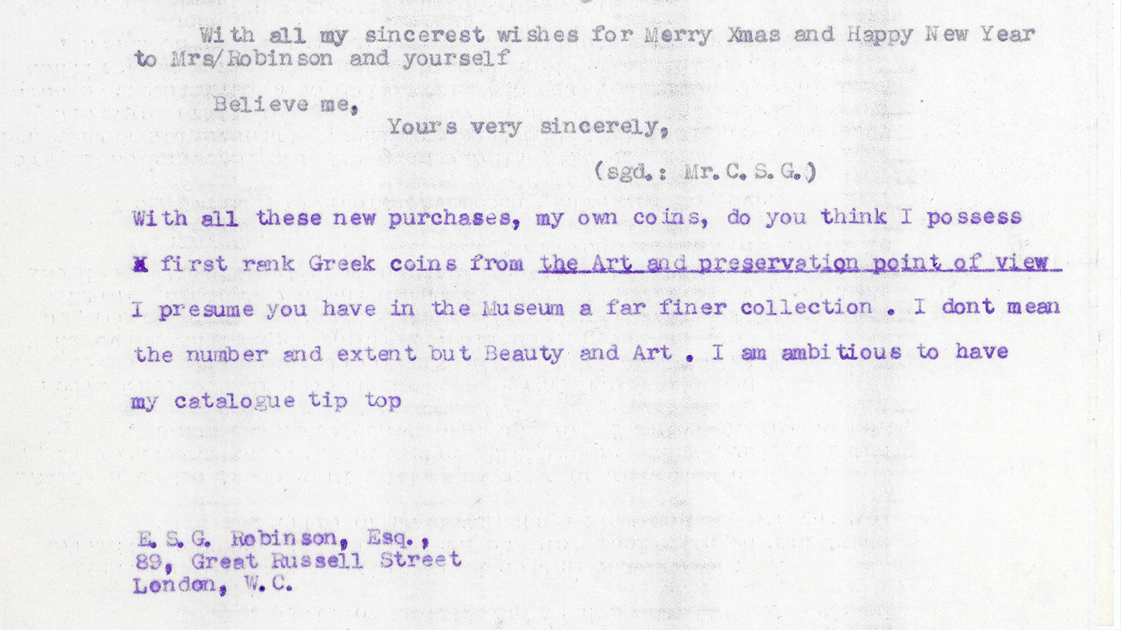 Letter from Calouste Gulbenkian to Dr. E. S. G. Robinson dated December 20, 1946 ©Arquivos Gulbenkian