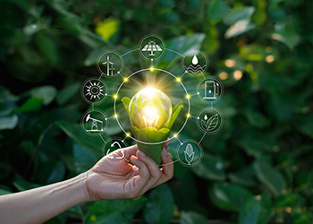 Hand holding light bulb against nature on green leaf with icons energy sources for renewable, sustainable development. Ecology concept. Elements of this image furnished by NASA.
